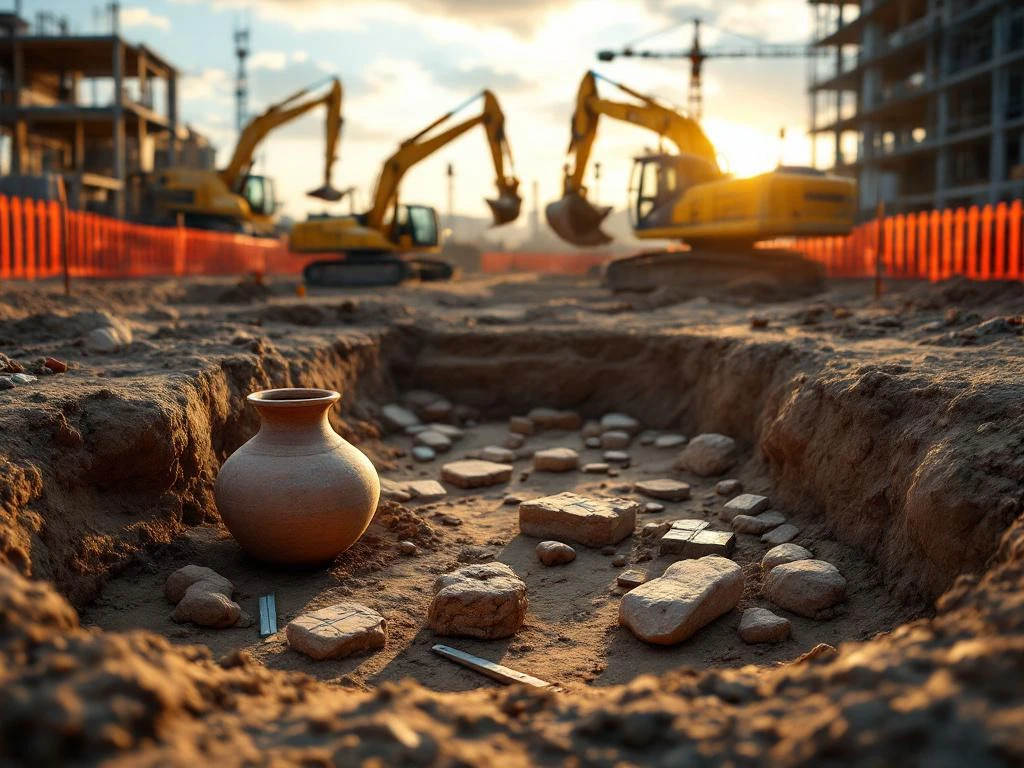 Archeologische opgraving op bouwplaats met oude aardewerk en stenen artefacten, moderne graafmachines op achtergrond