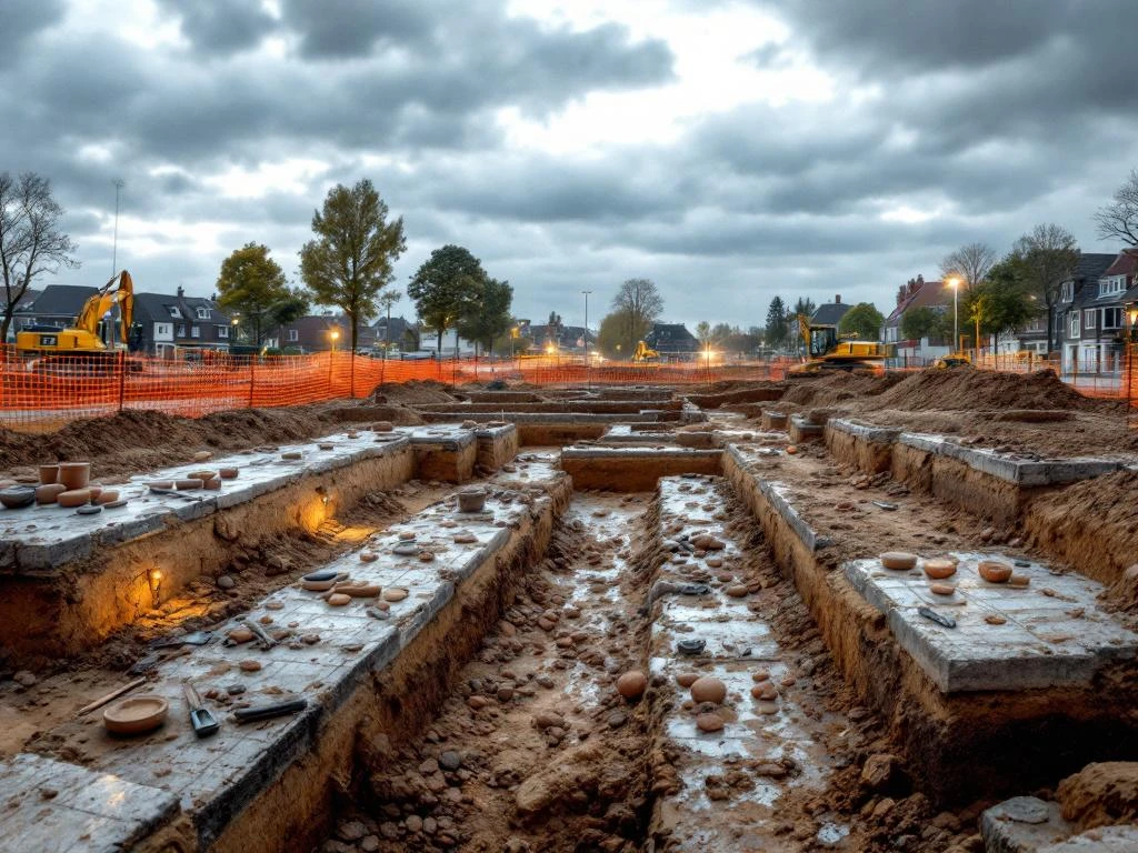 Archeologische opgraving met aardewerk en funderingen in Nederlandse woonwijk met bouwmachines en veiligheidsafzetting