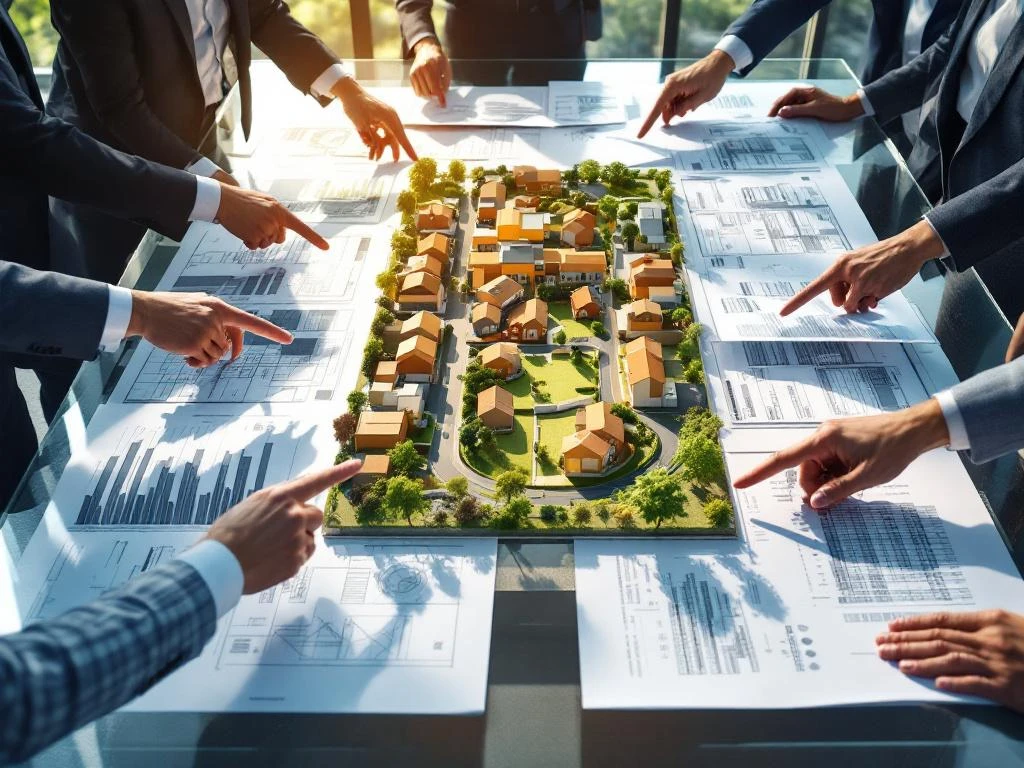 Diverse handen wijzen naar bouwplannen en buurtmodel in moderne vergaderruimte met glazen tafel en natuurlijk licht