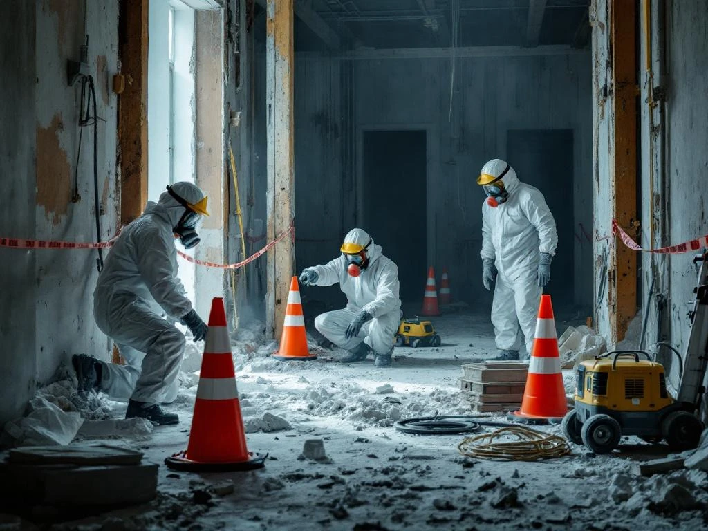 Bouwvakkers in witte hazmat-pakken onderzoeken asbest op bouwplaats met veiligheidsafzetting en speciale apparatuur
