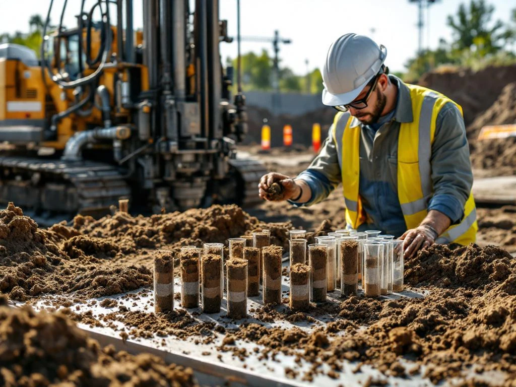 Bodemonderzoek op bouwplaats met boorinstallatie, grondmonsters in buizen en professional die bodemlagen analyseert