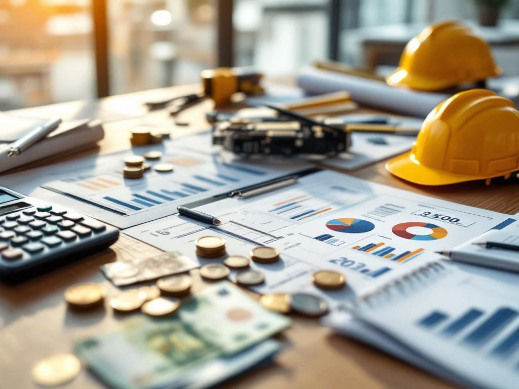 Bovenaanzicht van bureau met financiële documenten, euro's, rekenmachine en bouwplannen voor kostenanalyse project