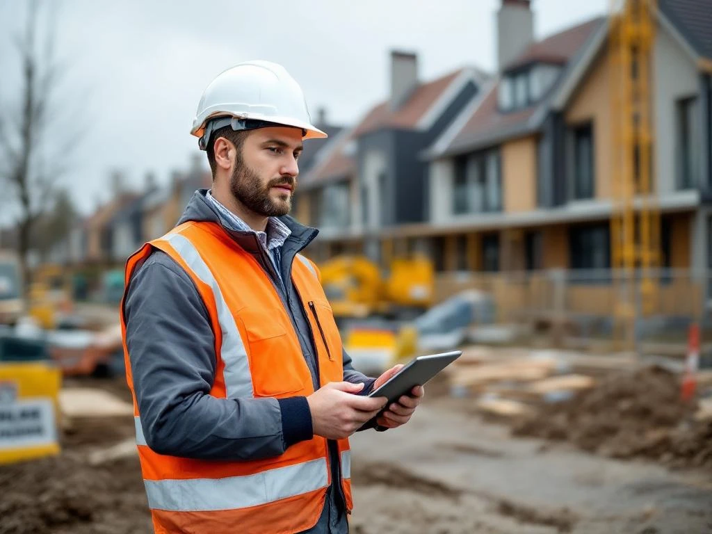 Bouwmanager met tablet en helm op actieve Nederlandse bouwplaats met woningen en bouwmateriaal op achtergrond