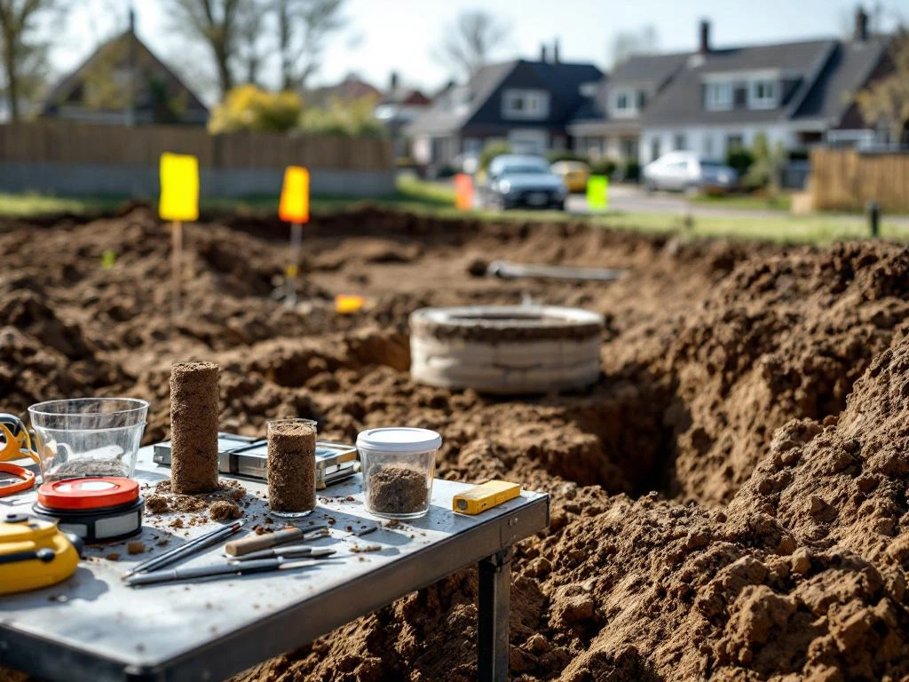 Bouwplaatsonderzoek met meetapparatuur, grondmonsters en opgegraven terrein met gekleurde markeringsvlaggen in Nederlandse woonwijk