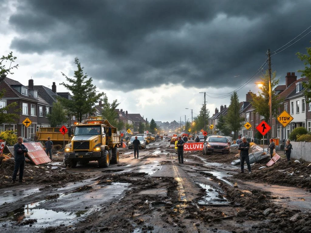 Chaotische bouwplaats in Nederlandse woonwijk met gefrustreerde bewoners, verlaten materieel en modderige straten onder donkere wolken