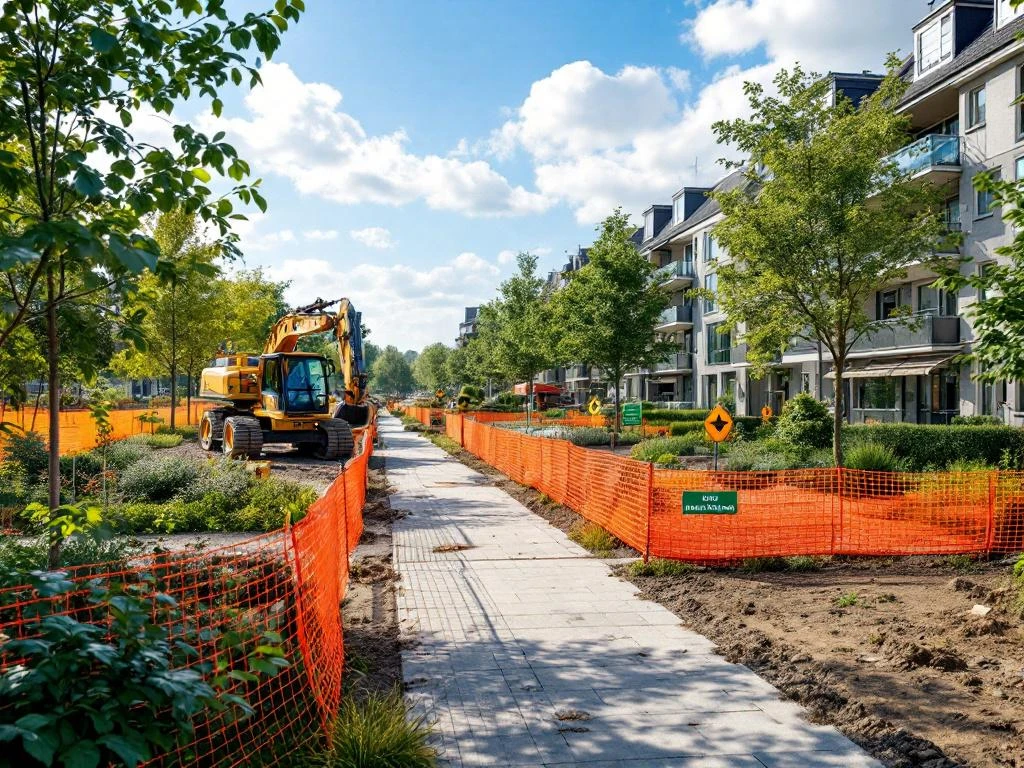Bouwplaats in Nederlandse woonwijk met oranje hekken rond beschermde vegetatie en ecologische zones
