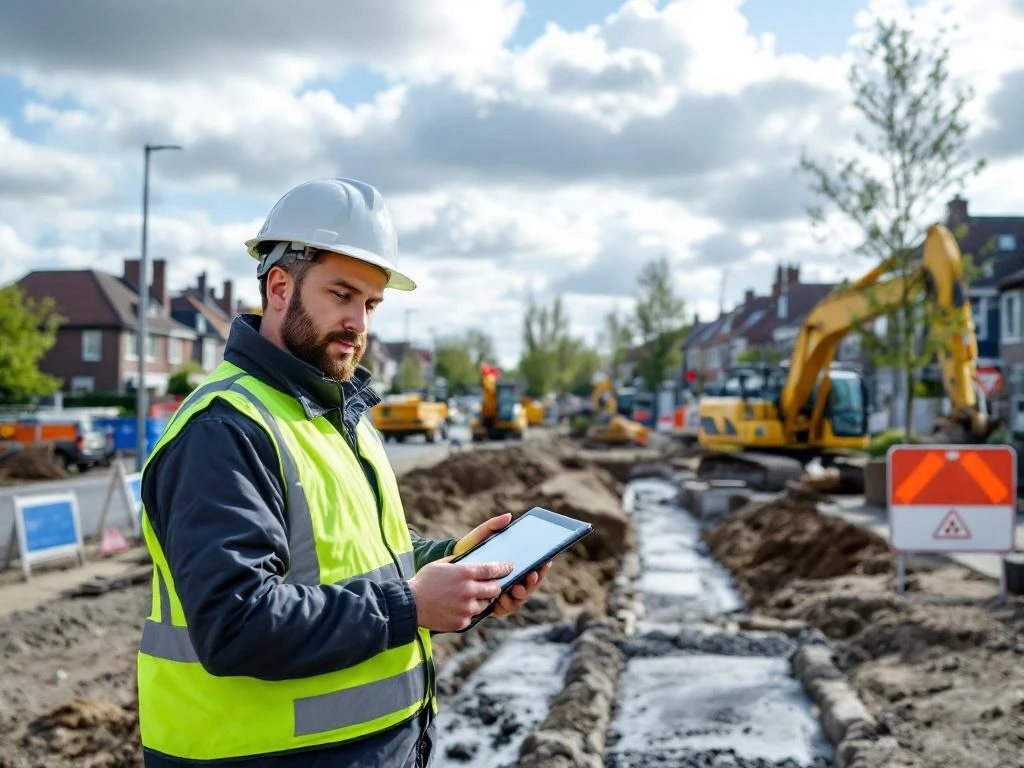 Milieumanager met tablet en veiligheidshelm op bouwplaats in Nederlandse woonwijk met graafmachines en woningen