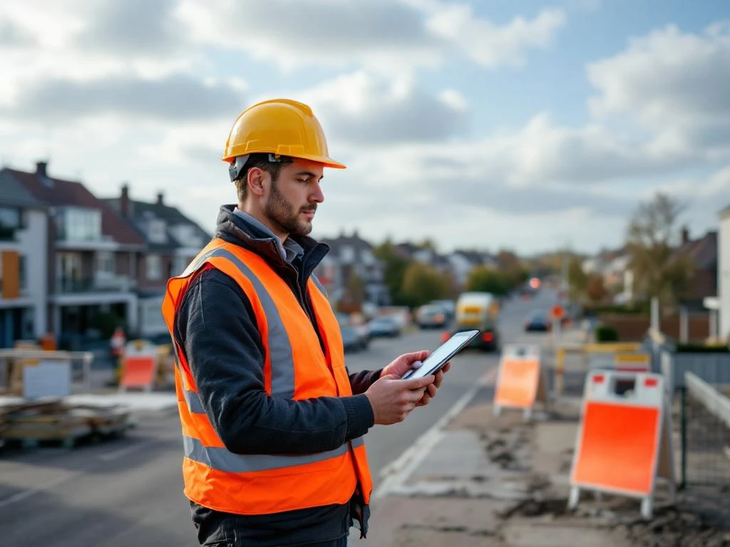 Milieumanager met tablet en veiligheidskleding coördineert bouwwerkzaamheden in Nederlandse woonwijk met bouwmaterieel