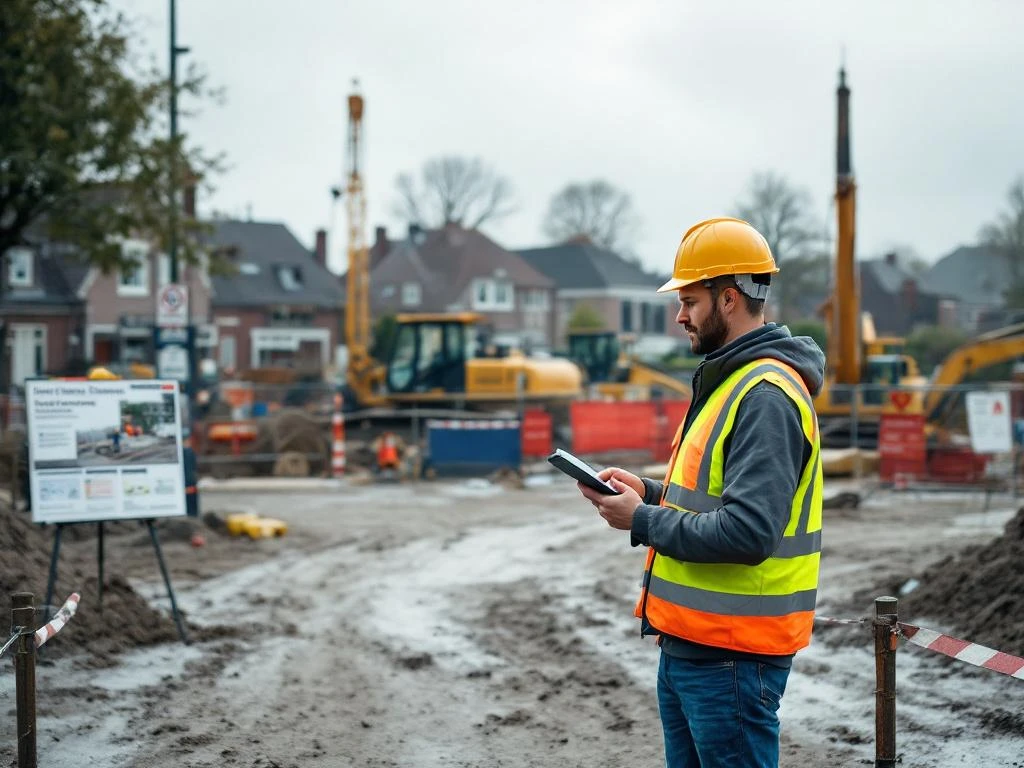 Projectmanager met tablet op Nederlandse bouwplaats met graafmachines en veiligheidsmaatregelen