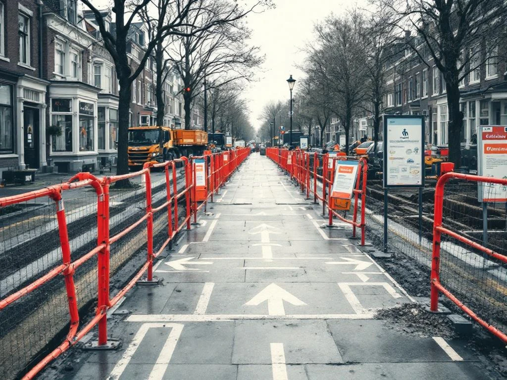Bouwplaats in Nederlandse woonwijk met toegankelijke looproutes, oranje hekken en veiligheidsborden tussen rijtjeshuizen.