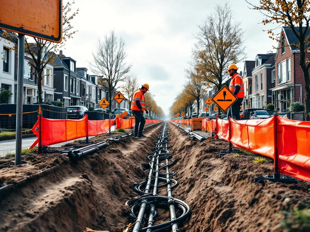 Bouwplaats in Nederlandse woonwijk met oranje veiligheidsbarrières rond ondergrondse kabels en leidingen, arbeiders in veiligheidsvesten