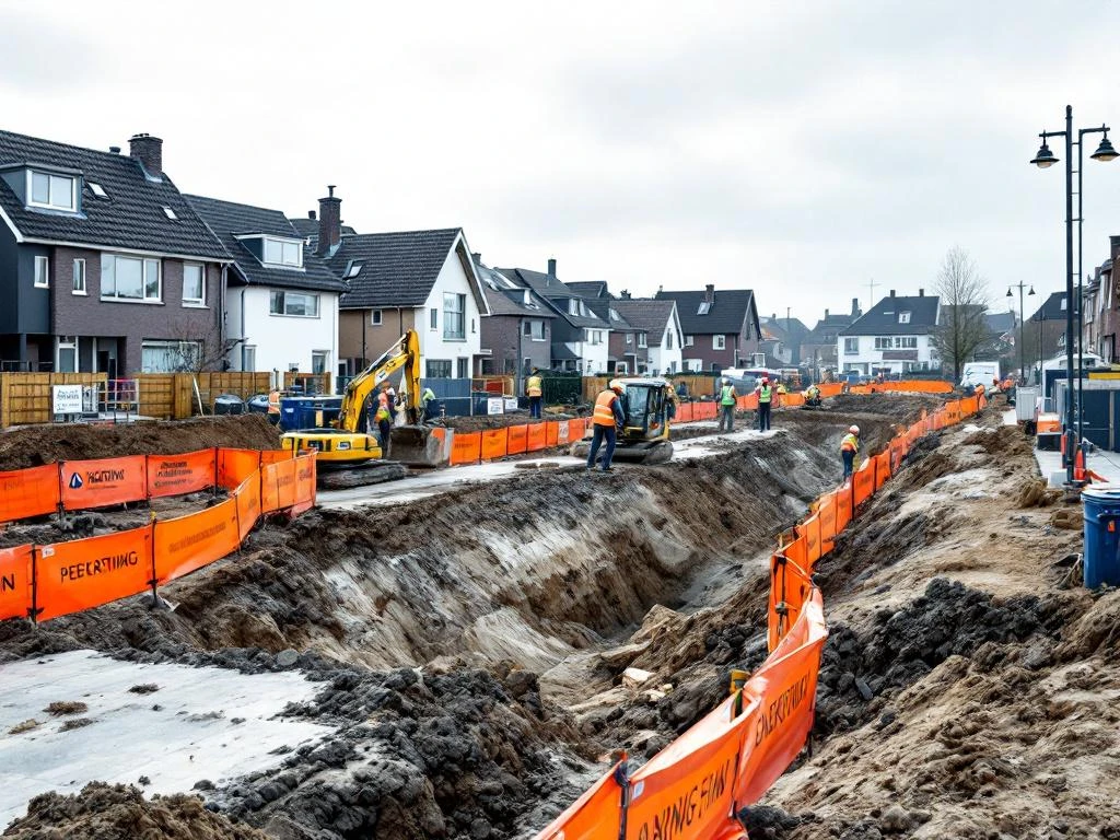 Bouwplaats in Nederlandse woonwijk met oranje veiligheidshekken, waarschuwingsborden en bouwvakkers in hesjes