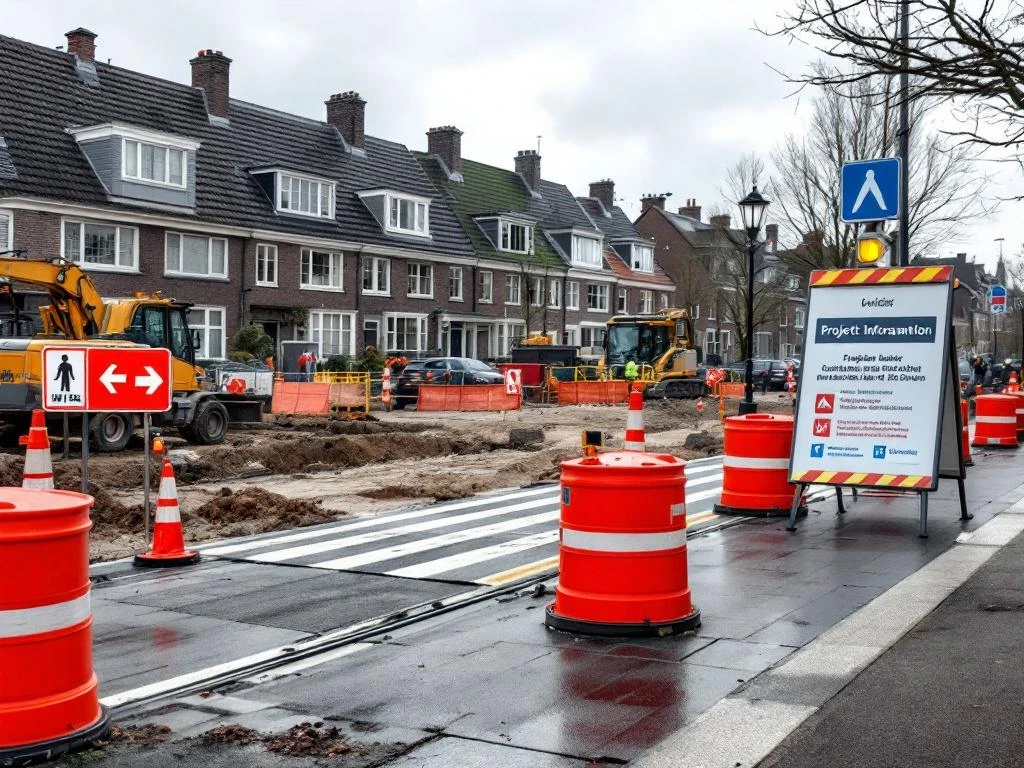 Bouwplaats in Nederlandse woonwijk met oranje barriers, omleidingsborden en tijdelijke looppaden voor veiligheid
