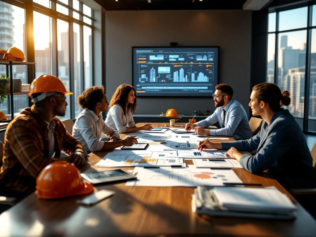 Diverse professionals discussing construction project strategies around conference table with blueprints and tablets