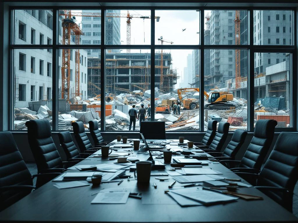 Verlaten vergadertafel met omgevallen koffiekopjes en laptops, constructiesite met vertraagde werkzaamheden op achtergrond