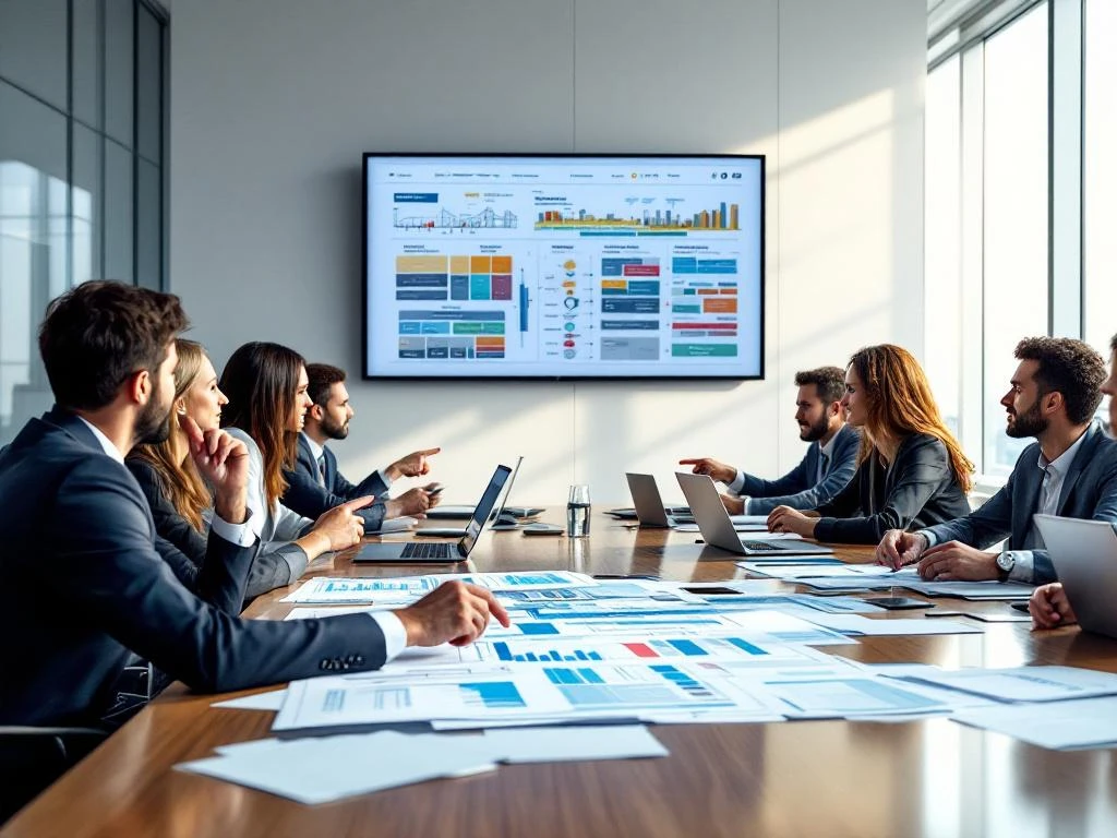 Diverse professionals bespreken bouwplannen rond vergadertafel met laptops en projecttimelines op wandscherm