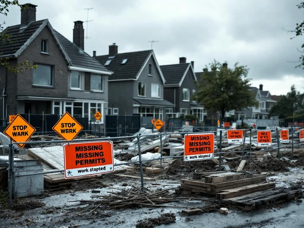 Bouwplaats met STOP WERK borden en afzettingen vanwege ontbrekende vergunningen in Nederlandse woonwijk