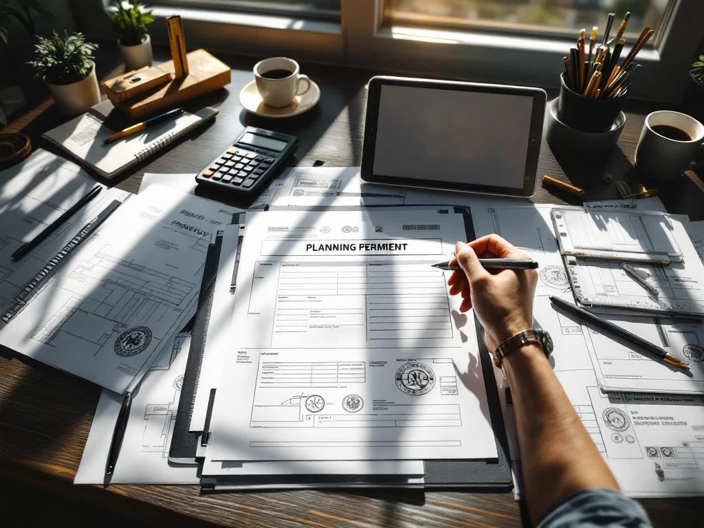 Georganiseerd bureau met bouwvergunningen, blauwdrukken en officiële documenten op donker houten oppervlak
