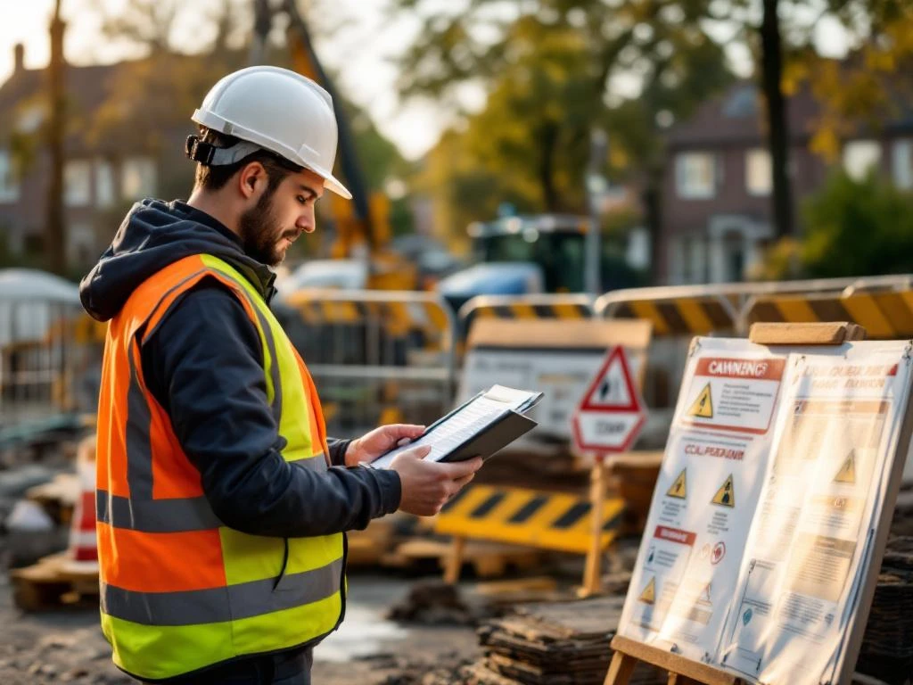 Milieumanager in veiligheidskleding controleert vergunningsdocumenten op tablet bij bouwplaats met waarschuwingsborden