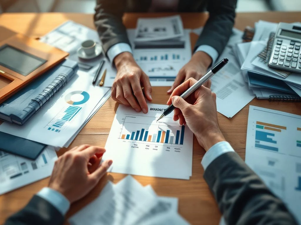 Handen met pen over budgetberekeningen op vergadertafel met laptop, rekenmachine en financiële documenten