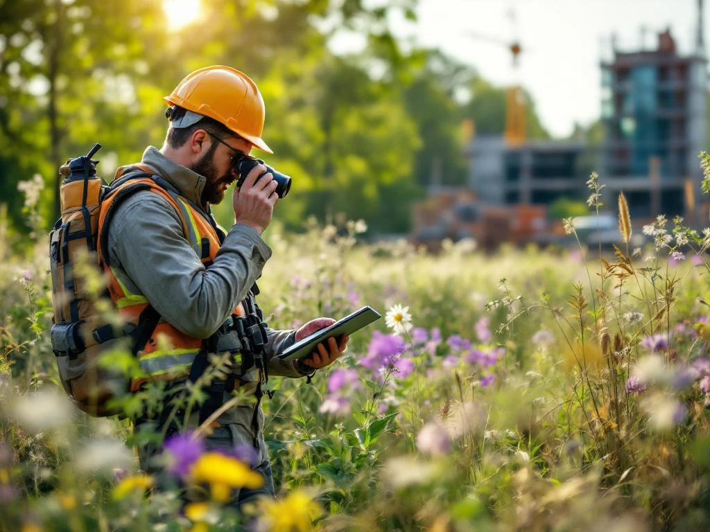 Ecoloog met tablet en verrekijker voert quickscan uit in Nederlands natuurgebied met wilde bloemen en bouwproject op achtergrond
