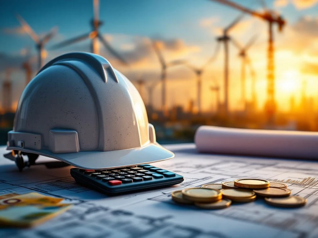 Bouwhelm en rekenmachine op blauwdrukken met eurobiljetten, windturbines en kranen op achtergrond voor energieprojecten