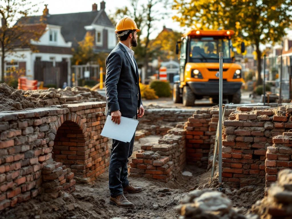 Milieumanager onderzoekt historische bakstenen fundamenten op bouwplaats met moderne graafmachines op achtergrond