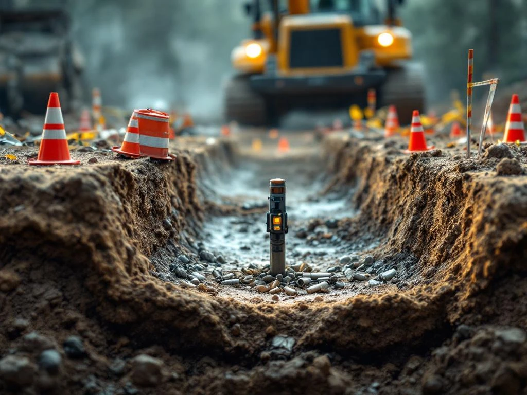 Explosievenopruimingsspecialist gebruikt metaaldetector op bouwplaats om niet-ontplofte munitie op te sporen in grondlagen