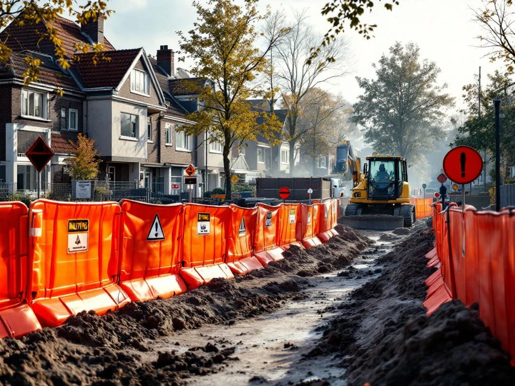 Bouwplaats met oranje geluidswerende schermen en veiligheidsbarrières in Nederlandse woonwijk, graafmachines achter beschermende panelen