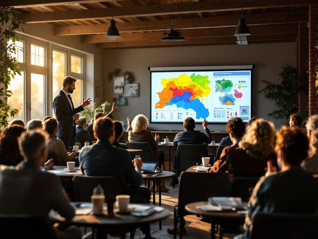 Milieumanager presenteert projectvisualisaties aan betrokken dorpsbewoners tijdens informatiebijeenkomst in Nederlandse dorpszaal