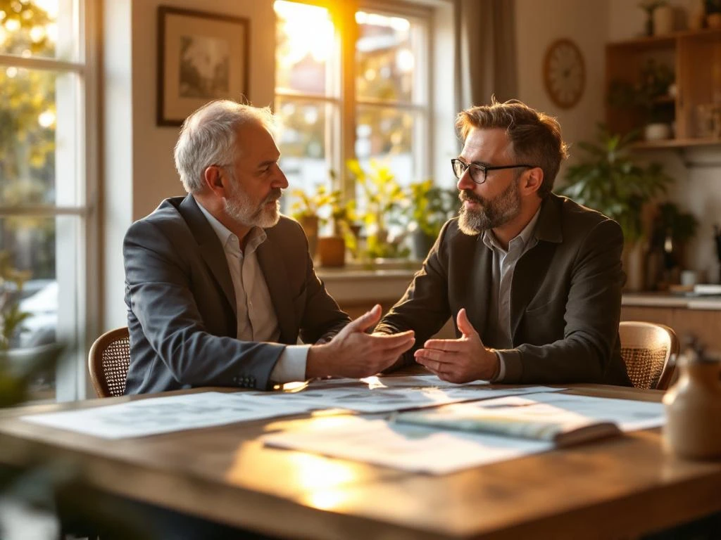 Milieumanager en bewoner in gesprek aan keukentafel met projectkaarten in Nederlandse woning met natuurlijk licht