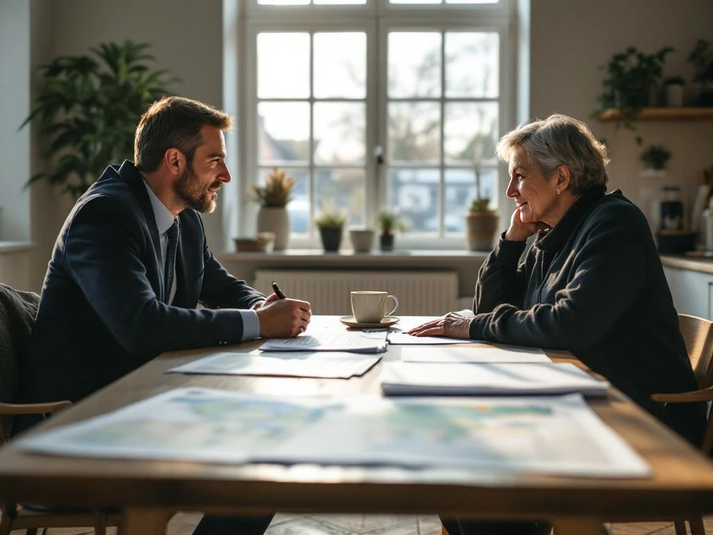 Milieumanager en bewoner in gesprek aan keukentafel met projectdocumenten in Nederlandse woonkamer met natuurlijk licht