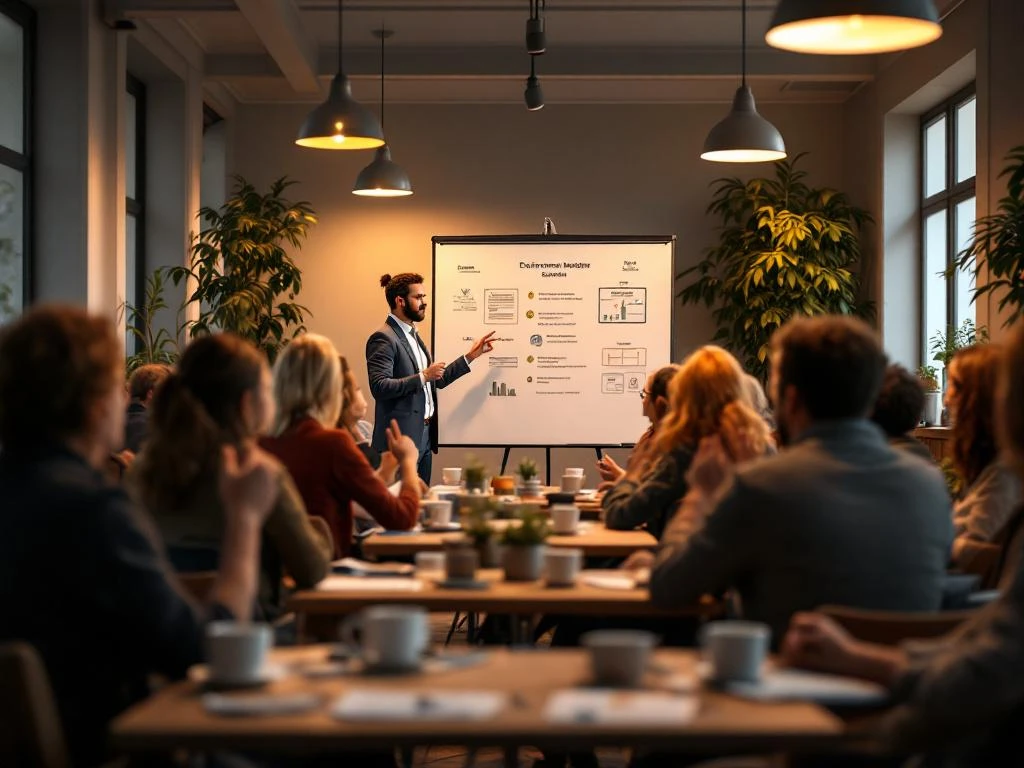 Buurtbewoners nemen deel aan gemeenschapsvergadering terwijl milieumanager presenteert aan whiteboard in buurthuis