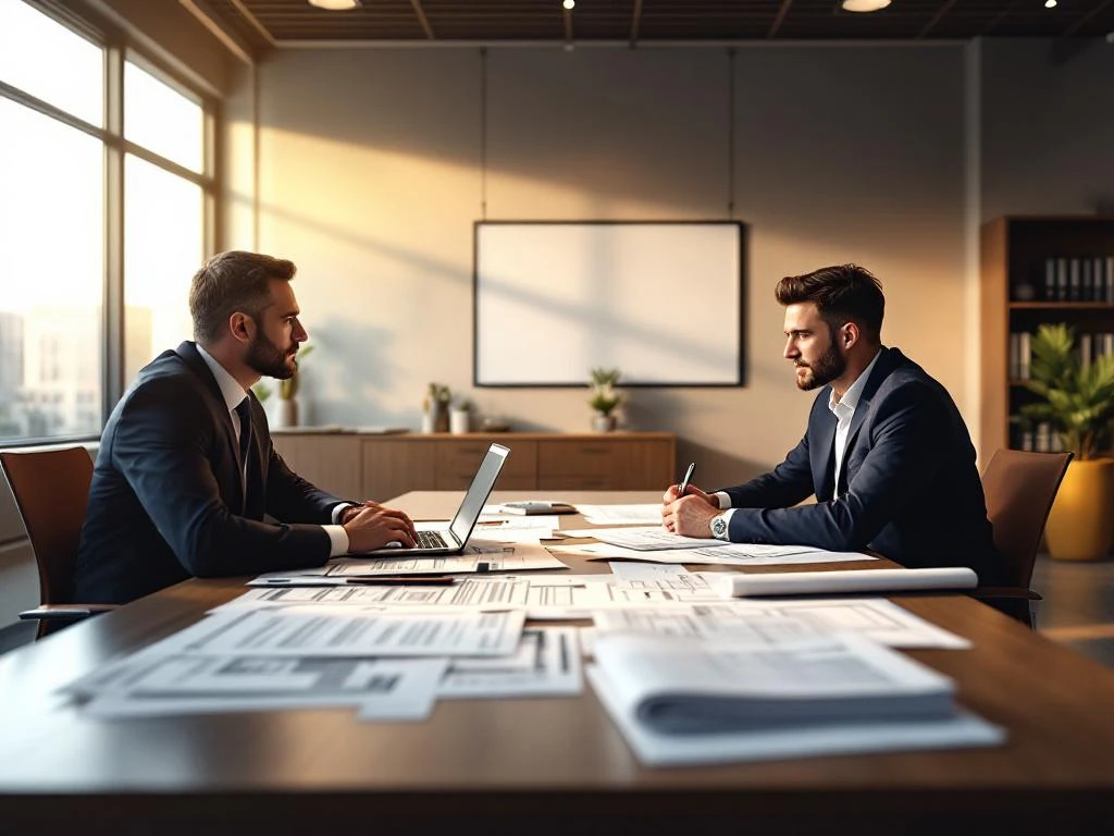 Gemeenteambtenaar en aanvrager bespreken bouwvergunning aan vergadertafel met blauwdrukken en digitale formulieren