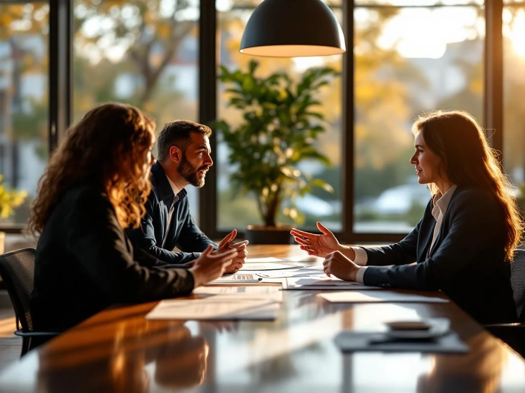 Milieumanager in gesprek met bezorgde bewoners aan vergadertafel in gemeentekantoor met documenten en bouwplannen