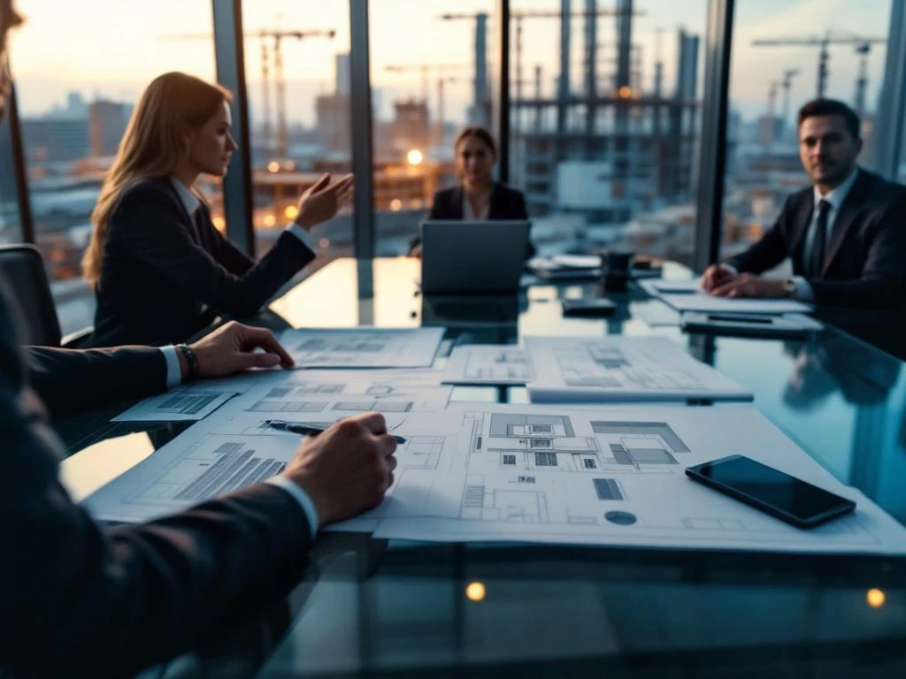 Moderne vergaderruimte met architecturale blauwdrukken en tablet op glazen tafel, bouwplaats zichtbaar door ramen