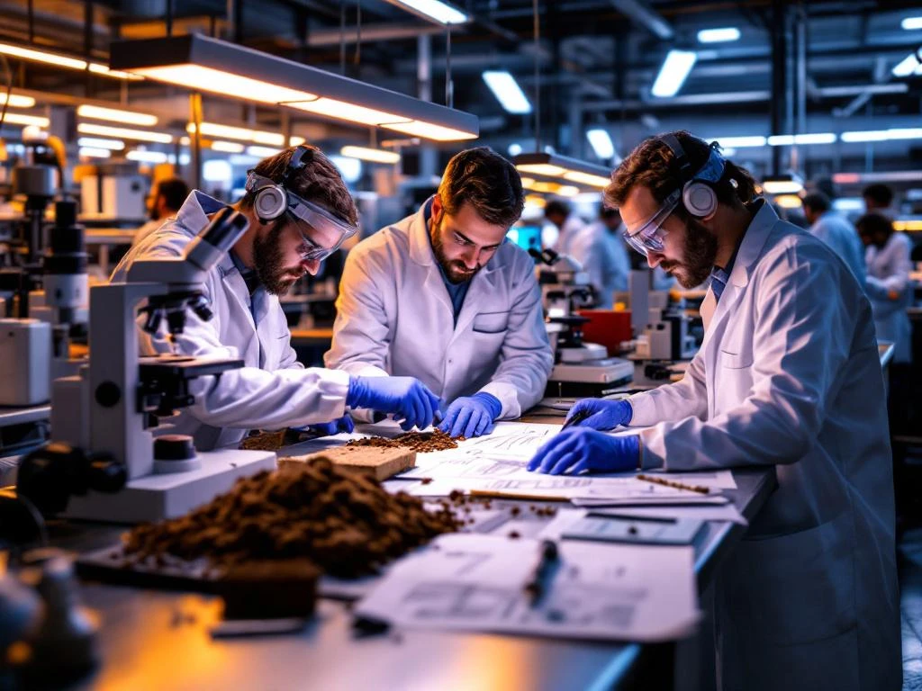 Technische professionals in laboratoriumjassen onderzoeken grondmonsters en bouwmaterialen in moderne onderzoekslab