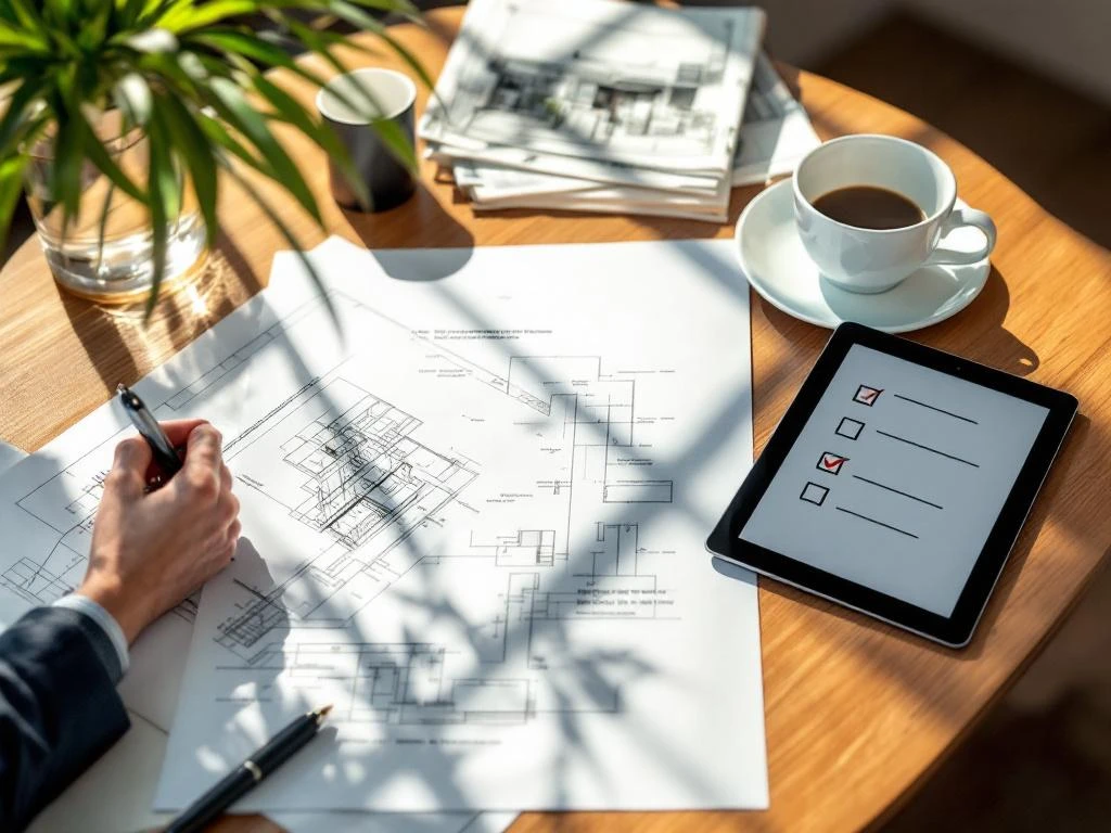 Bovenaanzicht van houten tafel met bouwplannen, tablet, Nederlandse vergunningsdocumenten en koffiekop voor projectvoorbereiding