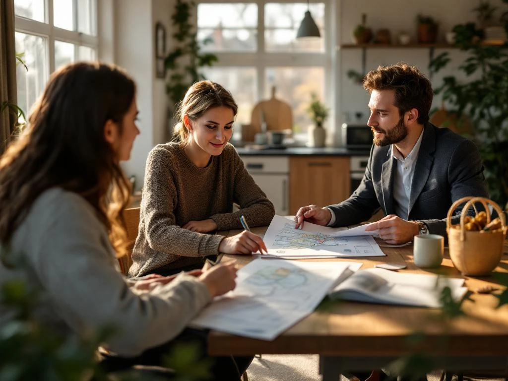 Milieumanager en bewoner bespreken projectdocumenten aan keukentafel in gezellige Nederlandse woonkamer bij daglicht