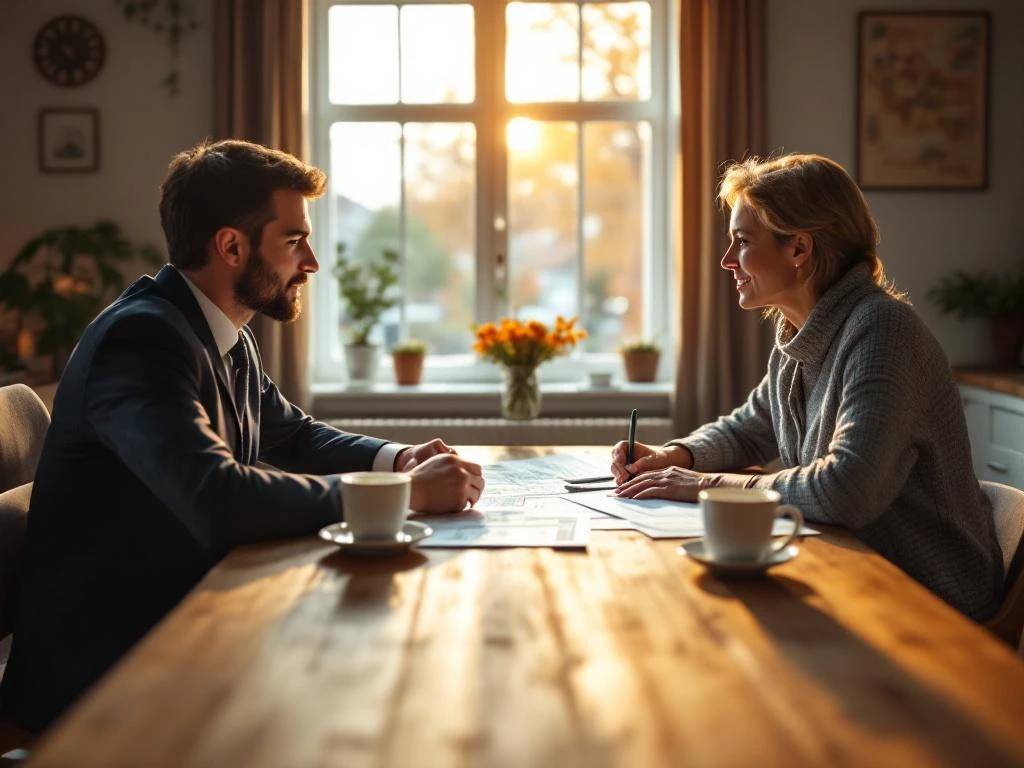 Milieumanager en bewoner bespreken project aan keukentafel met kaarten en documenten in Nederlandse woning