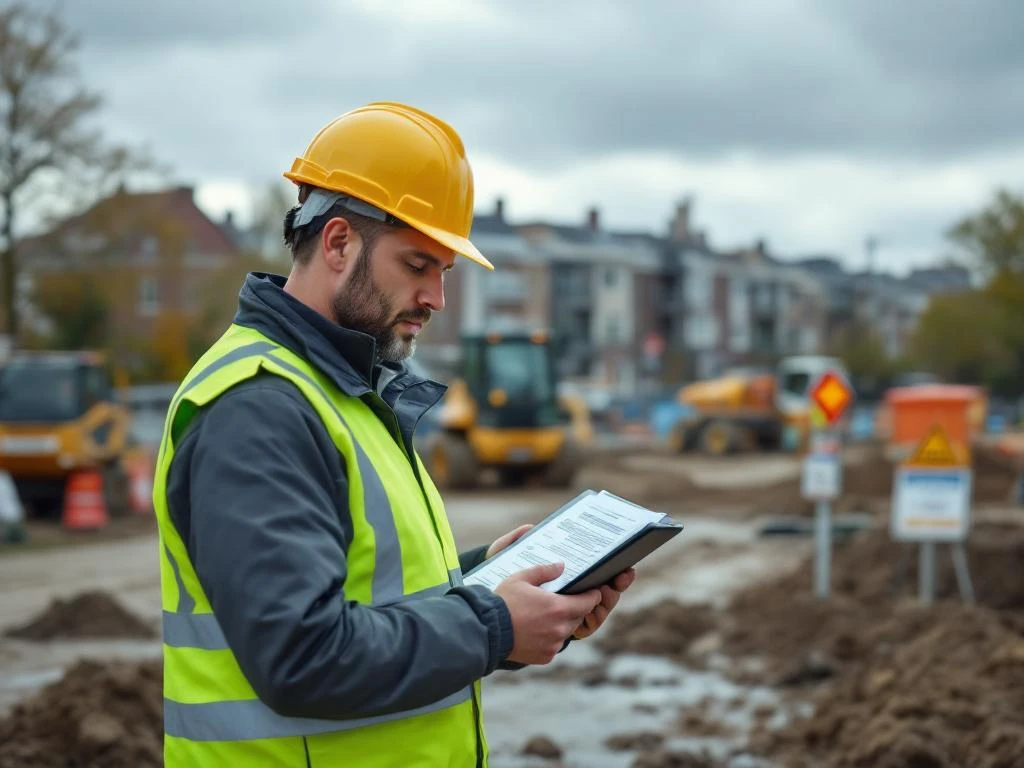 Milieumanager met tablet op bouwplaats met stofschermen, geluidswering en afvalscheiding voor Nederlandse infrastructuur