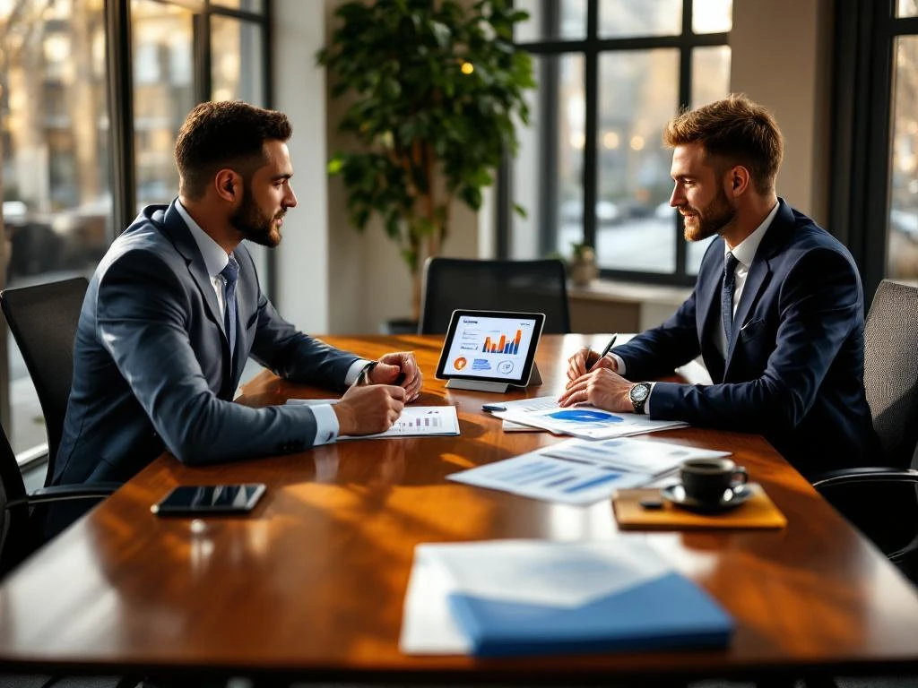 Milieumanager en klant bespreken evaluatiedocumenten aan vergadertafel in moderne conferentieruimte met natuurlijk licht