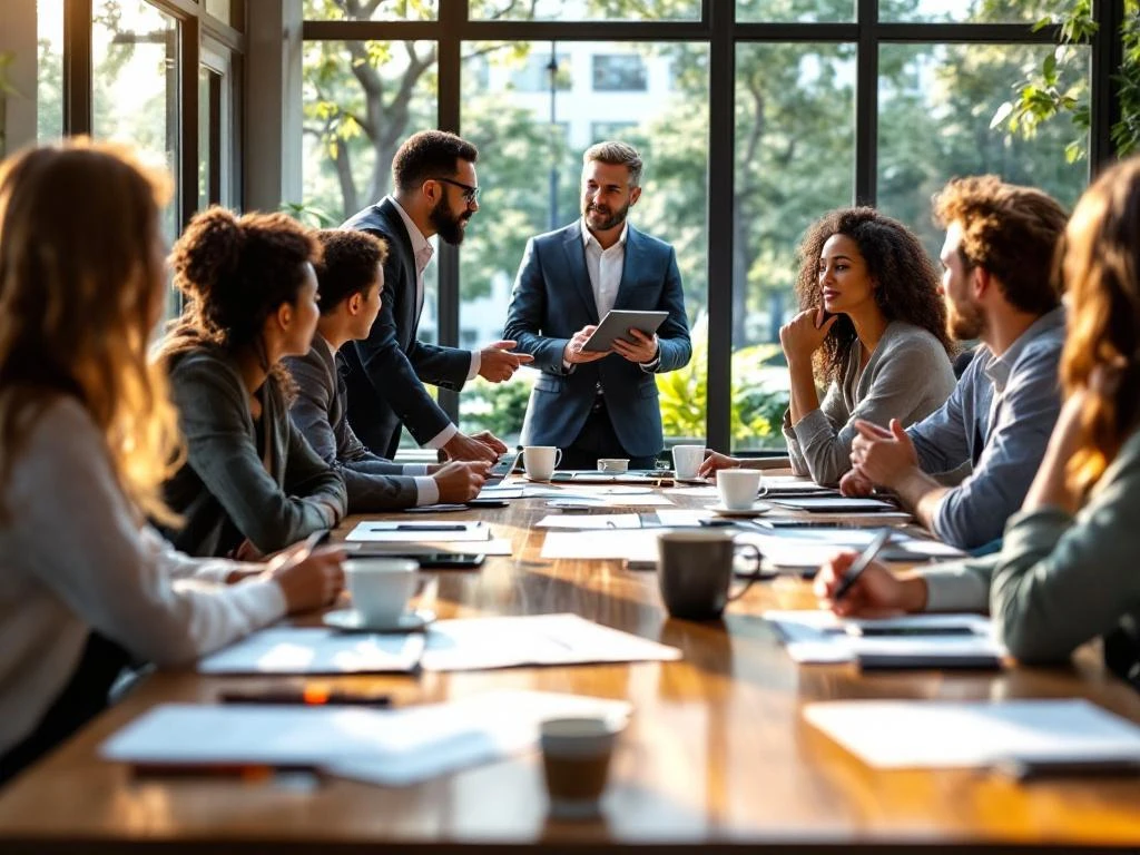 Milieumanager presenteert projectplannen aan diverse ondernemers rond houten tafel in lichte vergaderruimte