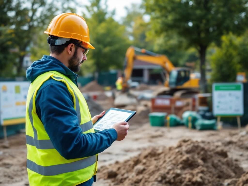 Milieumanager op bouwplaats in Nederlandse woonwijk controleert tablet bij graafmachines en afvalscheiding containers
