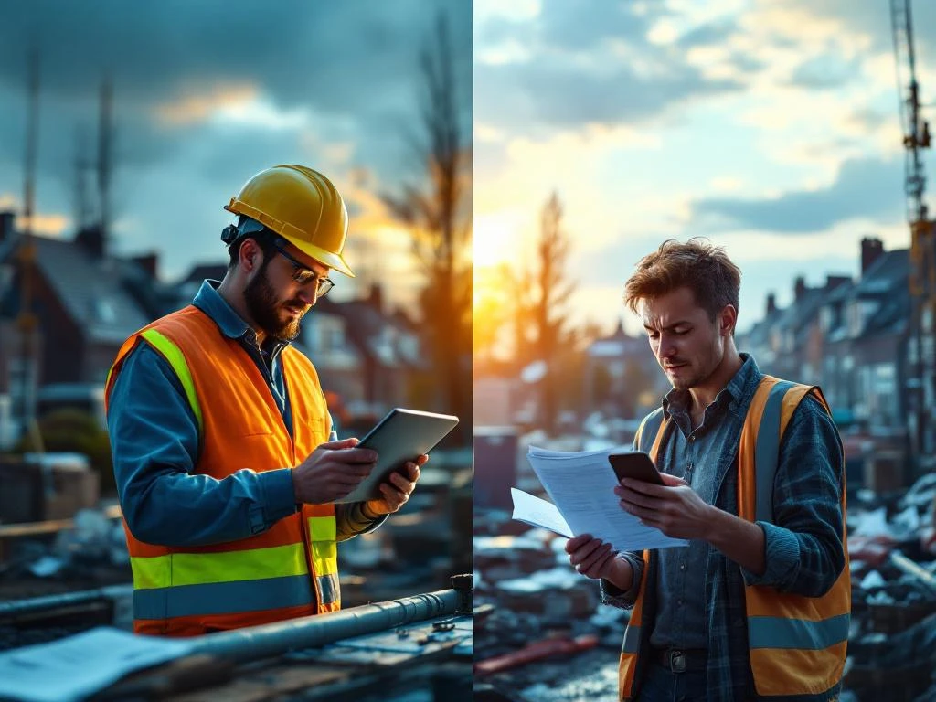 Vergelijking milieumanagement kosten: professionele manager met tablet versus gestresste DIY-aanpak bij infrastructuurproject