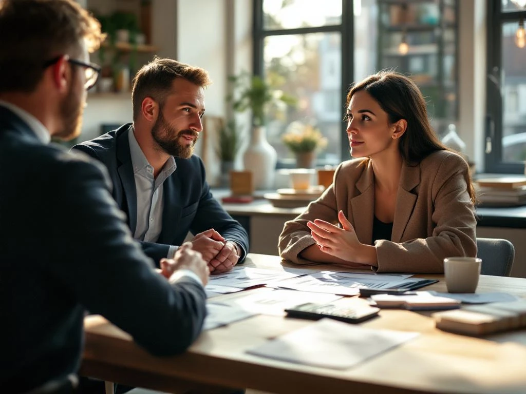 Milieumanager adviseert huiseigenaar over bouwproject aan keukentafel met documenten en kostenberekeningen