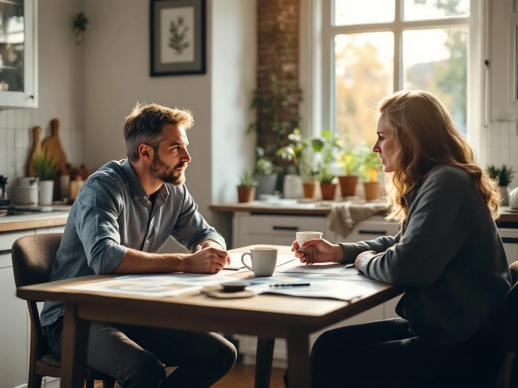 Milieumanager in gesprek met bewoner aan keukentafel, projectdocumenten uitgespreid, warme huiselijke sfeer