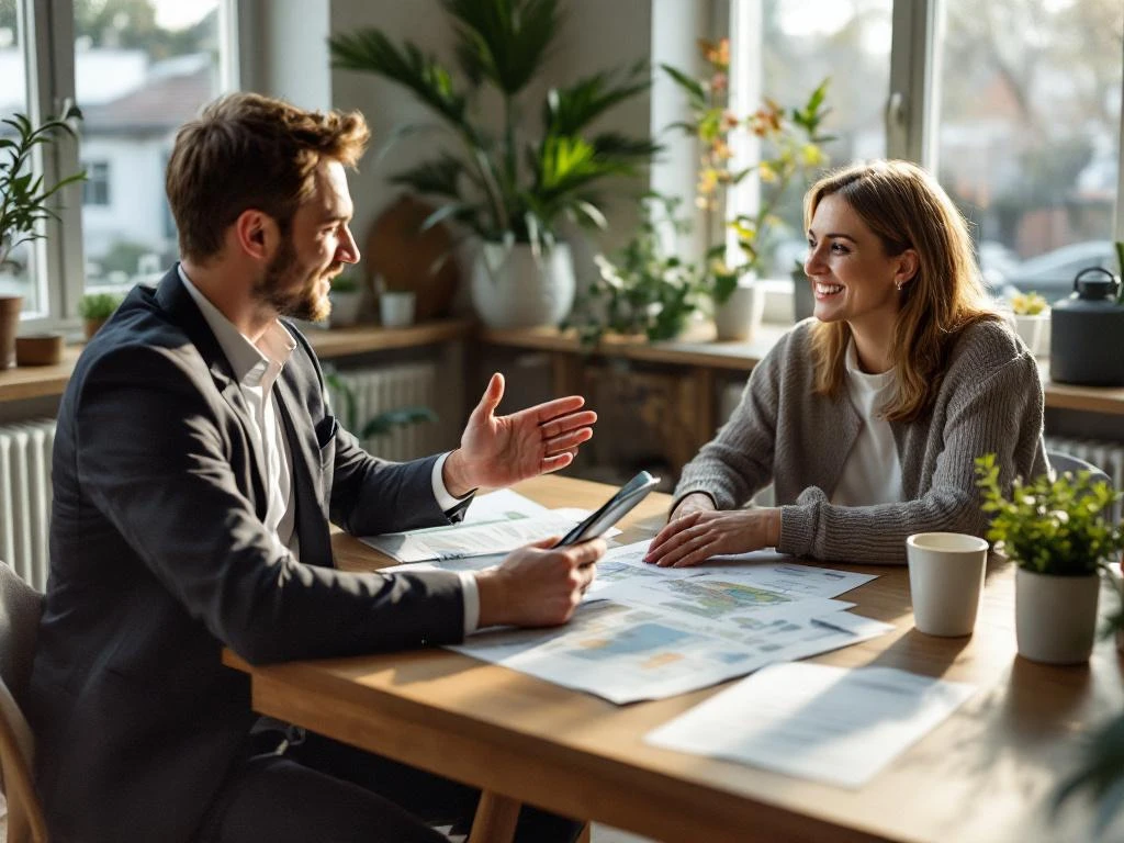 Milieumanager in gesprek met bewoner aan keukentafel met projectdocumenten en tablet voor gemeenschapsoverleg