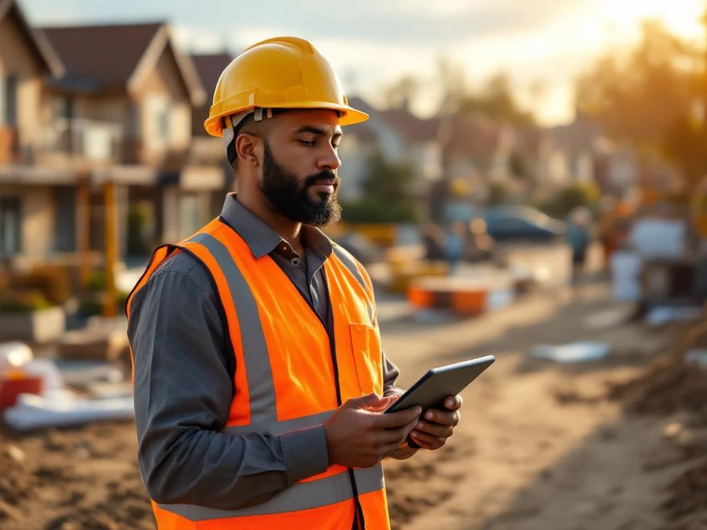 Milieumanager in helm en veiligheidsvest coördineert bouwproject met tablet op actieve bouwplaats met woningen op achtergrond