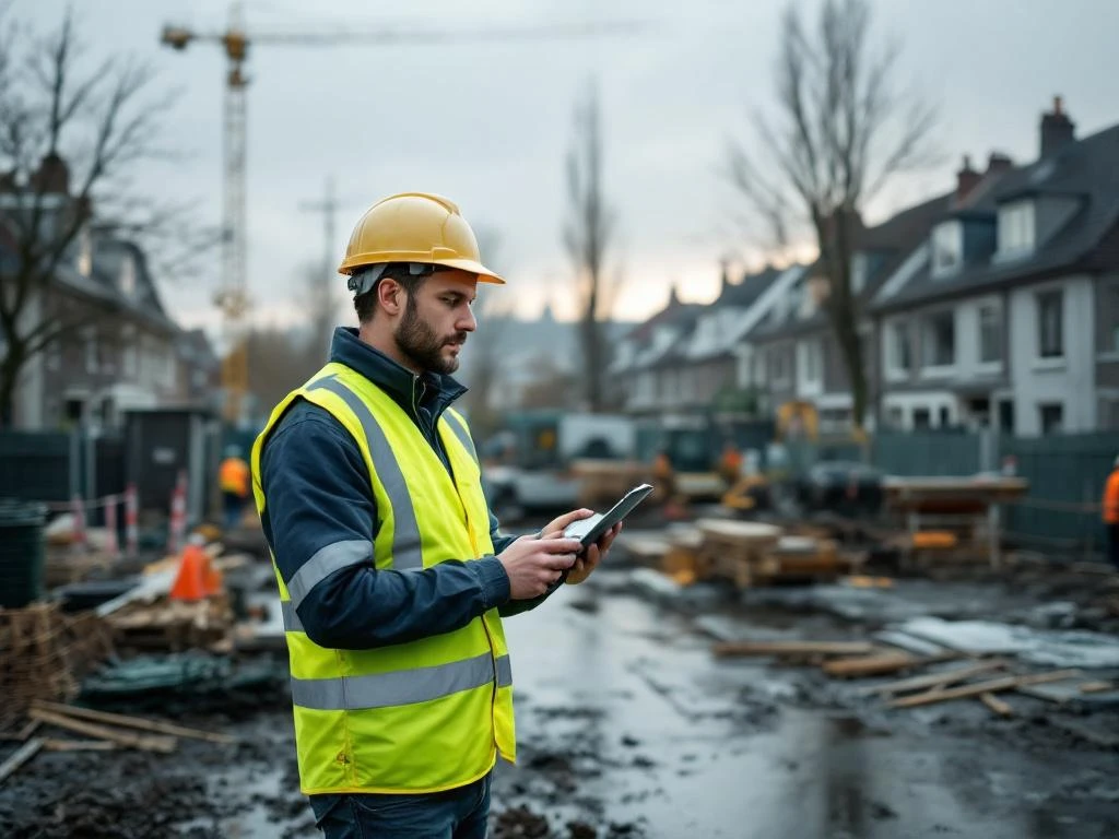 Milieumanager met veiligheidshelm en tablet op bouwplaats met woningen en machines op achtergrond